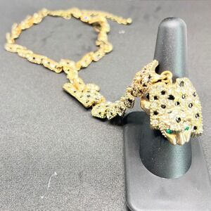 Leopard Panther Gold Tone Rhinestone Bracelet & Statement Ring Set Green Eyes